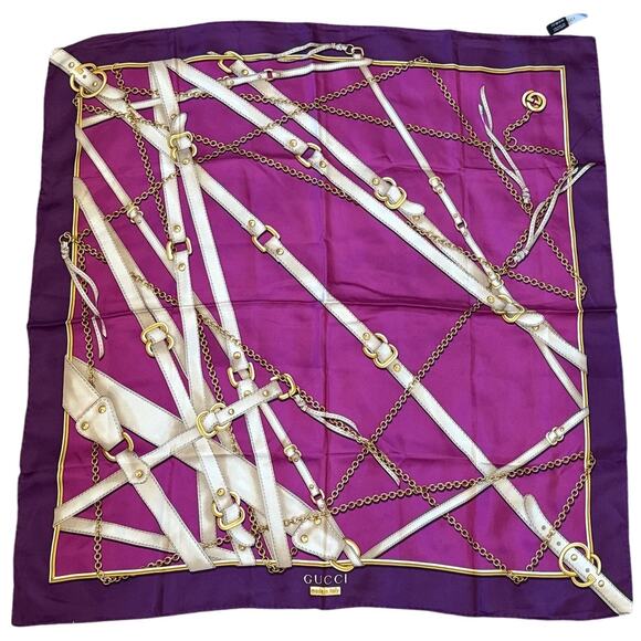 Gucci Chain & Straps Silk Twill Square Purple Scarf*BEAUTIFUL condition - Picture 1 of 7